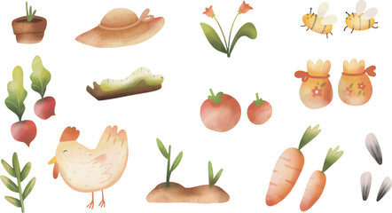 Gardening  set of items in watercolor style. Garden, farm concept, farming. Agriculture, farming cute vector illustration