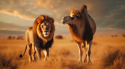 A lion and a camel walking together, symbolizing the shared burden of embracing challenges for personal growth - Nietzche Philosophy