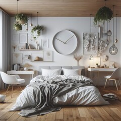 Bedroom sets have template mockup poster empty white with Bedroom interior and desk and plants art realistic photo lively used for printing.