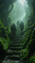 people walking set stairs forest atmosphere trenches green fire covered moss still entertainment mountain pass premiere