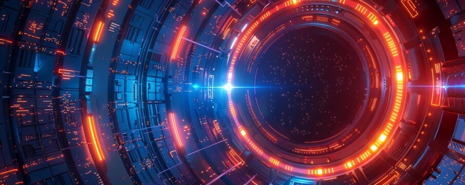 Stunning image of a futuristic portal with glowing blue and red lights.