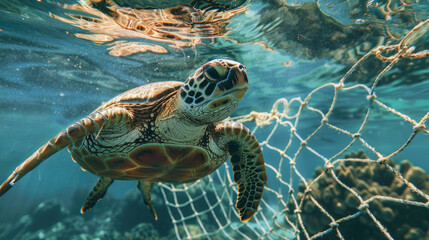Turtle Trapped in Fishing Net, Underwater Scene