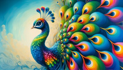  the images depicting the vibrant acrylic painting of a peacock with rainbow hues against a soft pastel background.