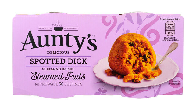 Aunty's spotted dick steamed puds with sultanas and raisins in a pack containing two 95g microwave puddings