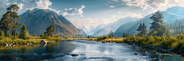 Mountain river in the Altai in summer realistic nature and landscape