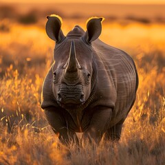 Majestic Rhinoceros Standing Tall in the Golden Savanna Sunset Preserving the Endangered Wildlife...