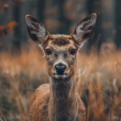 Close Up Portrait of Attentive Deer in Autumn Forest Landscape