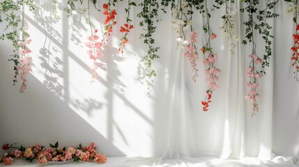 Artificial flowers levitating, hanging flowers on a white background, white wall with window shadow. Background, backdrop with copy space. 