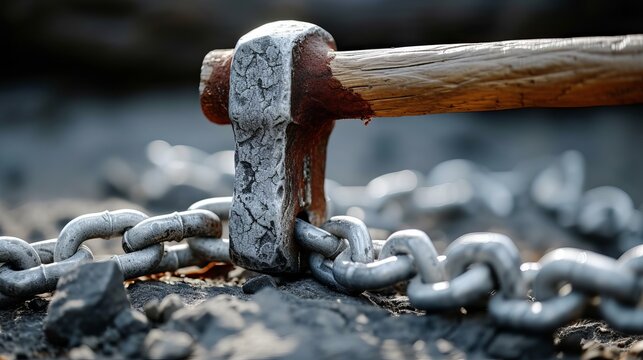 A broken chain repaired by a hammer, illustrating the strength gained from overcoming adversity - Nietzche Philosophy