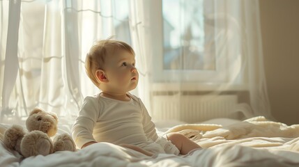 Fototapeta premium Baby boy in white sunny bedroom. one years child relaxing in bed. 