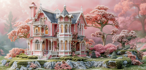 A charming pink and white-themed  3D miniat 
