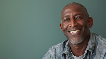 Fototapeta premium A man with a shaved head is smiling, cancer patient with chemotherapy