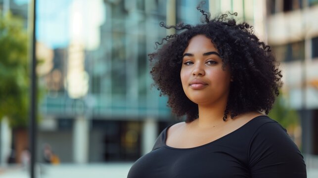 Beautiful plus size young woman outdoors - Confident chubby oversize female model strolling in the city, concepts about diversity, body acceptance and body positive 