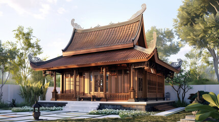 Obraz premium fantasy image of a traditional Indonesian cultural house floating above the clouds