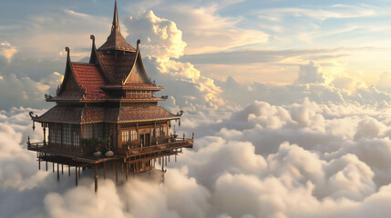 Fototapeta premium fantasy image of a traditional Indonesian cultural house floating above the clouds