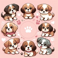 Obraz premium Many puppies on a pink background image art photo photo harmony illustrator.
