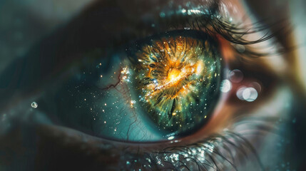 Close-Up of Human Eye Featuring Galaxy in Iris