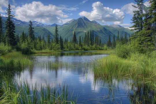 Wilderness Pond in Gustavus, Alaska with Stunning View of Mountains, Trees and Reeds in the Serene