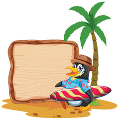 Cartoon duck in beach attire by wooden sign.
