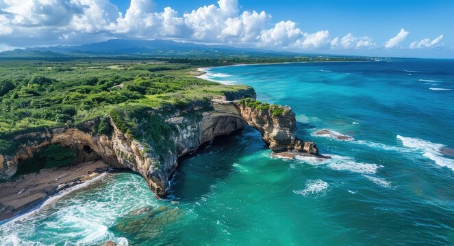 Cueva del Indio Aerial View: Stunning Coastline Landscape with Rock Formation in Hatillo, Puerto