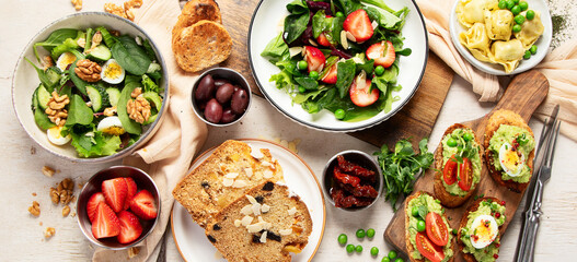Summer table with various food.