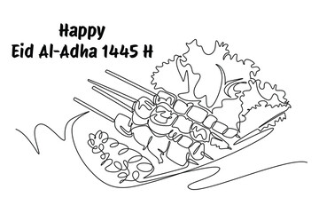 Happy Eid Adha concept. Single line draw design vector graphic illustration.