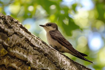 Naklejka premium Chimney Swift Bird on Tree Branch. Wildlife Closeup with Beak and Feathers Detail in Nature