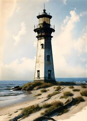 historic rendering of an old lighthouse located on a beach