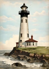 historic rendering of an old lighthouse on a rocky shore