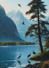 flock of birds flying over a body of water, with trees, mountains, and the sky in the background