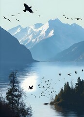 flock of birds flying over a body of water, possibly a lake, with a mountain in the background