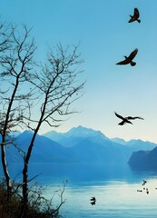 birds flying over water in a natural landscape