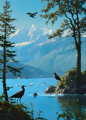 birds flying over water with a backdrop of mountains, trees, and the sky