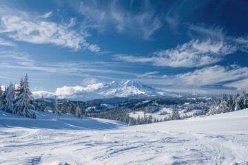 Winter scene with Mt. Rainier and the Tacoma Dome amidst snow-covered landscape and cloudy sky