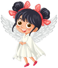 Cute angelic girl with wings and red bows