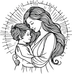 mom and son line art