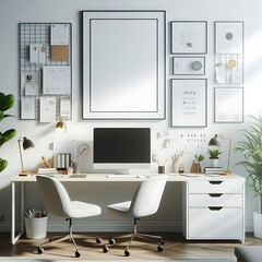 A desk with a computer and a chair image harmony used for printing.
