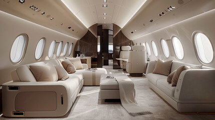 Contemporary private jet with a minimalist theme, featuring panoramic windows and neutral, textured fabrics,