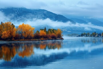 Fototapeta premium Autumn Beauty of Bonners Ferry, Idaho: Calm Blue Dawn with Cloudy Skies 