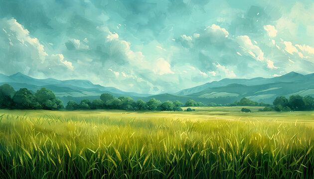 field mountain background young celtic vegetation expansive grassy plain tall grass forest open plains half body cropping neutral sky breath