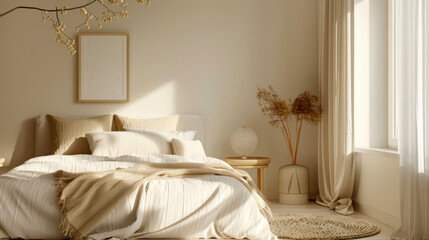 Chic minimalist bedroom featuring beige and cream tones, with a soft throw blanket and minimal decorative elements,