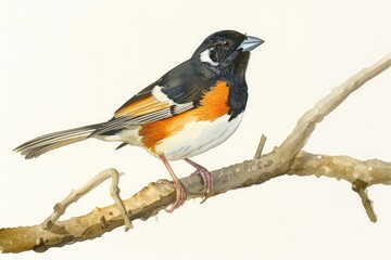 Obraz premium Magnificent Eastern Towhee Perched on a Branch - A Majestic Migratory Bird Amidst Wildlife