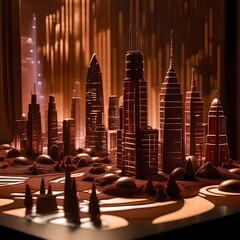 Futuristic City Skyline with Skyscrapers Made Entirely of Chocolate.