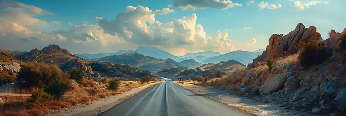 Mountain road, Landscape with rocks, sunny sky with clouds and beautiful asphalt road in the evening in summer, Vintage toning, Travel background, Highway in mountains, Transportation - Powered by Adobe