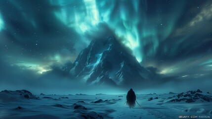 person standing snow mountain background lights shaman wanderers traveling afar princess lone distance mammoth
