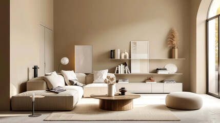 Compact living room in modern beige tones, minimalist aesthetics with a focus on functionality and style,