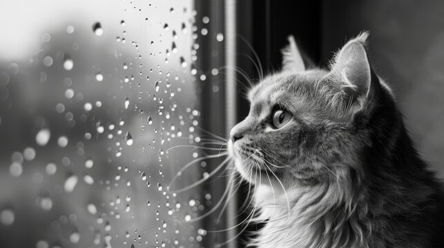 Maine Coon cat gazing out a rain-spattered window in black and white - Powered by Adobe