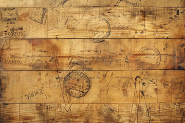Vintage maple wood texture with stamps and ink residues.