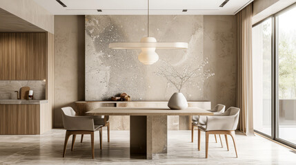 Contemporary minimalist dining room with a custom beige table, statement light fixture, and muted, earthy tones,