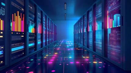 Fototapeta premium The image shows a futuristic data center with colorful lights and servers.